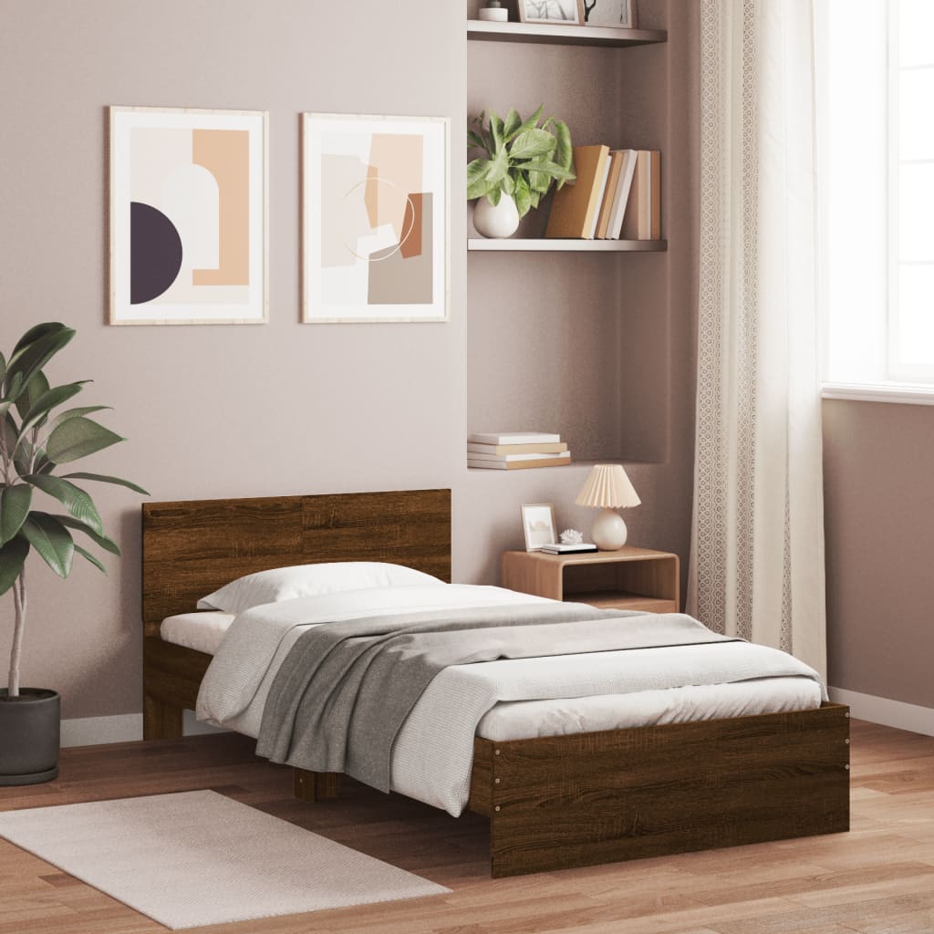 Bedframe met hoofdbord en LED bruineikenkleurig 100x200 cm 100 x 200 cm bruin eikenkleur