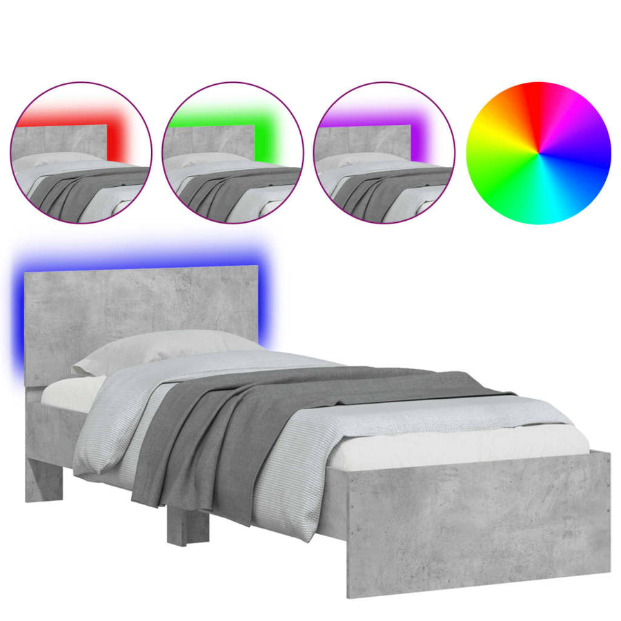 Bedframe met hoofdbord en LED-verlichting betongrijs 90x200 cm
