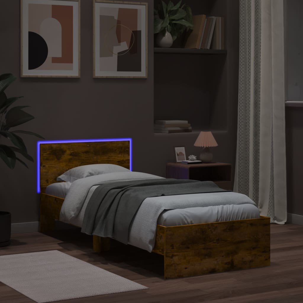 Bedframe met hoofdbord en LED gerookt eikenkleurig 90x200 cm