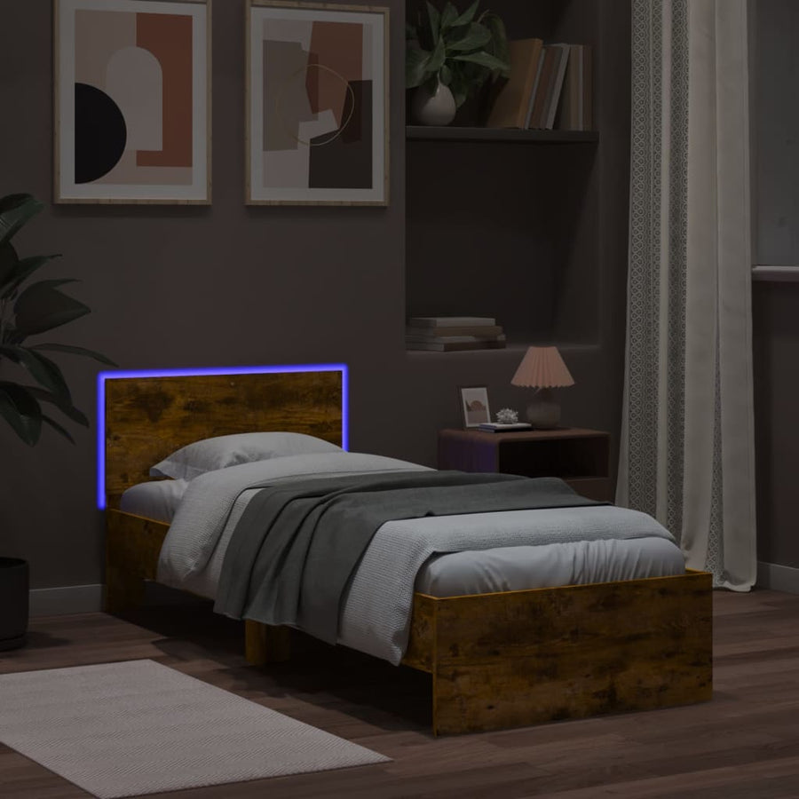 Bedframe met hoofdbord en LED gerookt eikenkleurig 90x200 cm