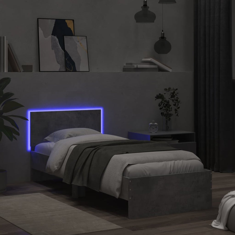 Bedframe met hoofdbord en LED-verlichting betongrijs 90x190 cm