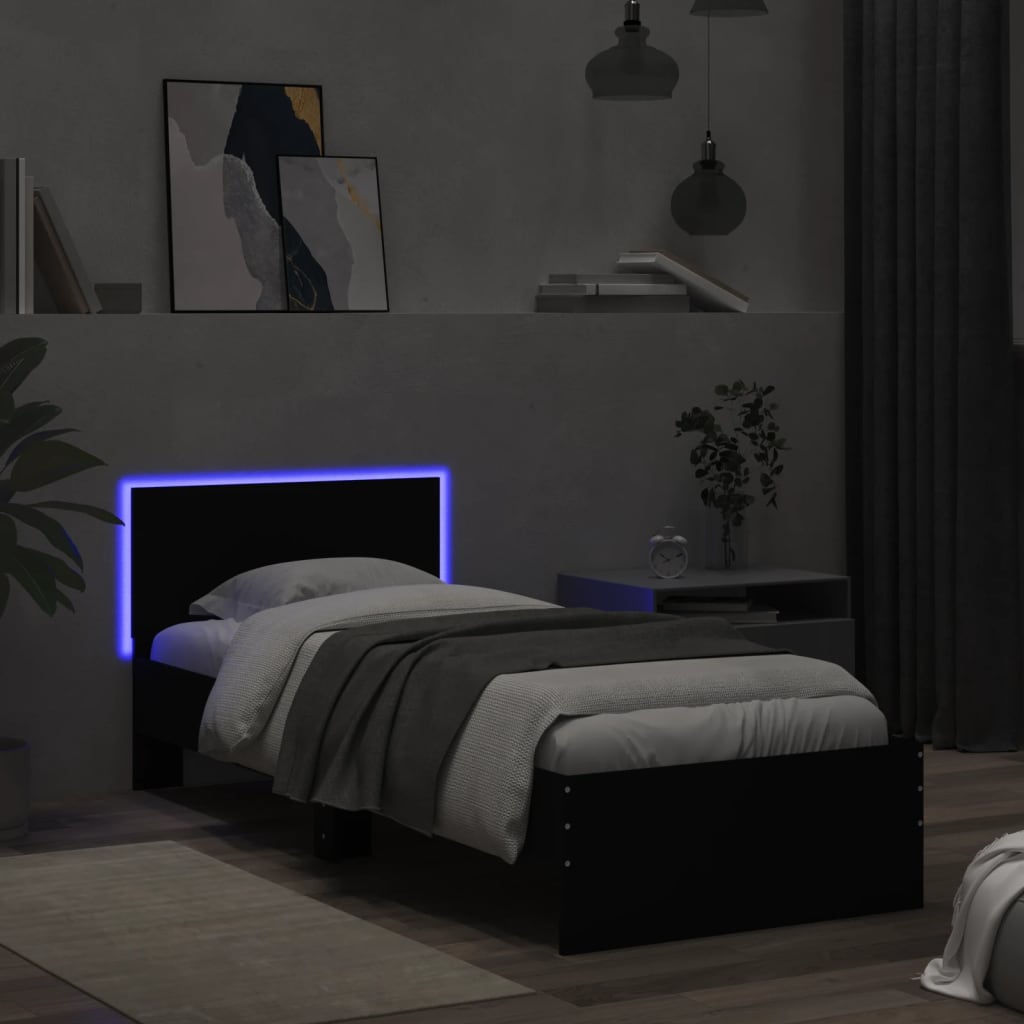Bedframe met hoofdbord en LED-verlichting zwart 75x190 cm