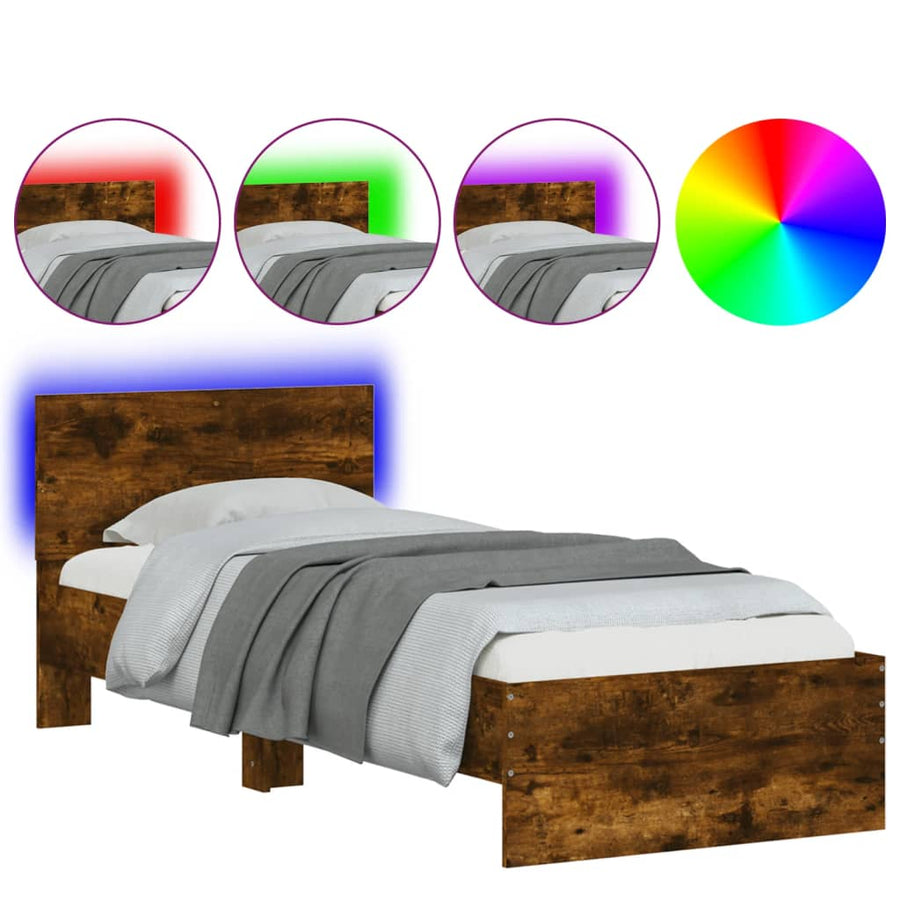 Bedframe met hoofdbord en LED gerookt eikenkleurig 75x190 cm
