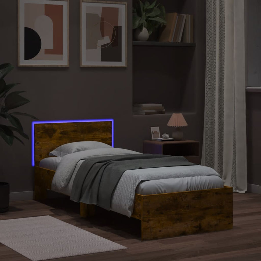 Bedframe met hoofdbord en LED gerookt eikenkleurig 75x190 cm