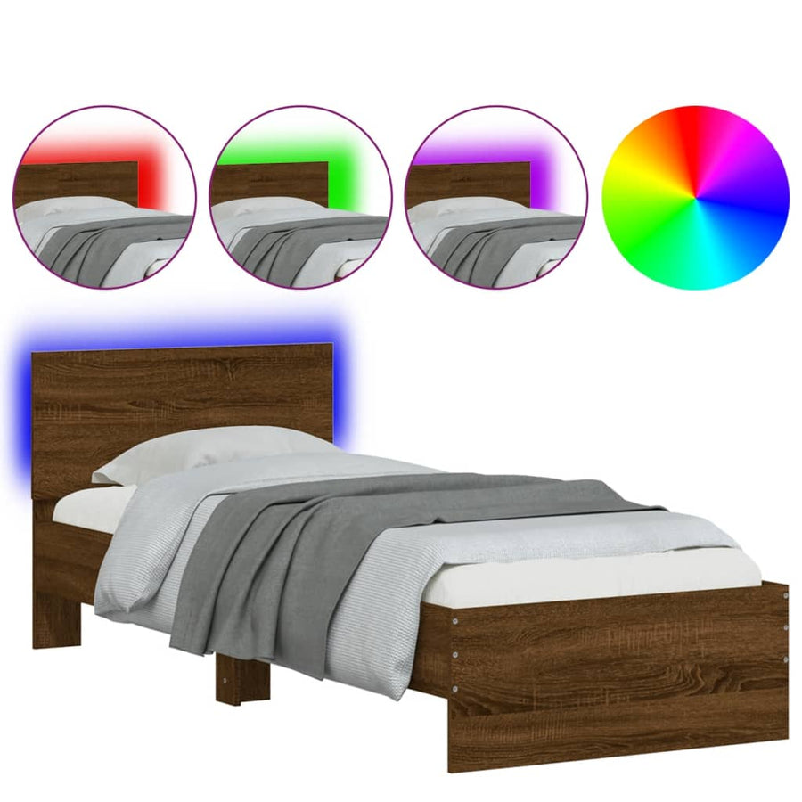 Bedframe met hoofdbord en LED bruineikenkleurig 75x190 cm