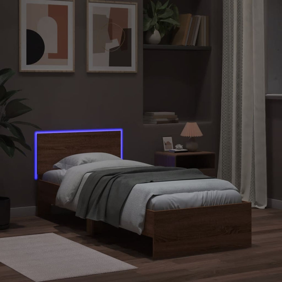 Bedframe met hoofdbord en LED bruineikenkleurig 75x190 cm