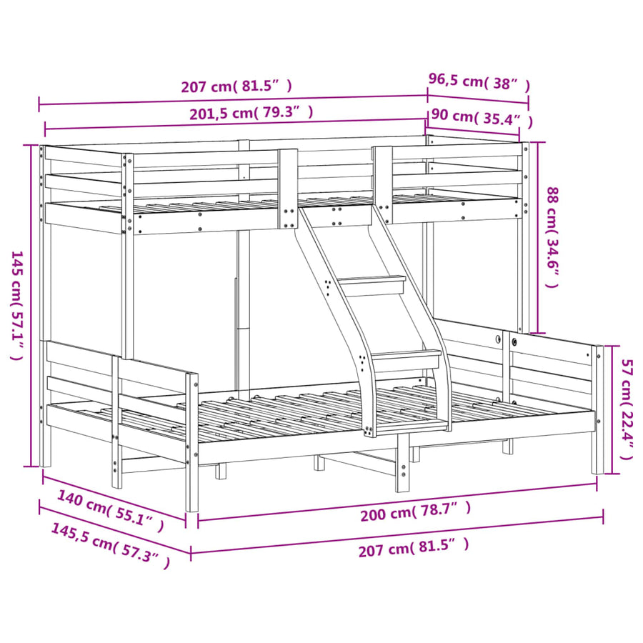 Stapelbed massief grenenhout wit 90x200/140x200 cm