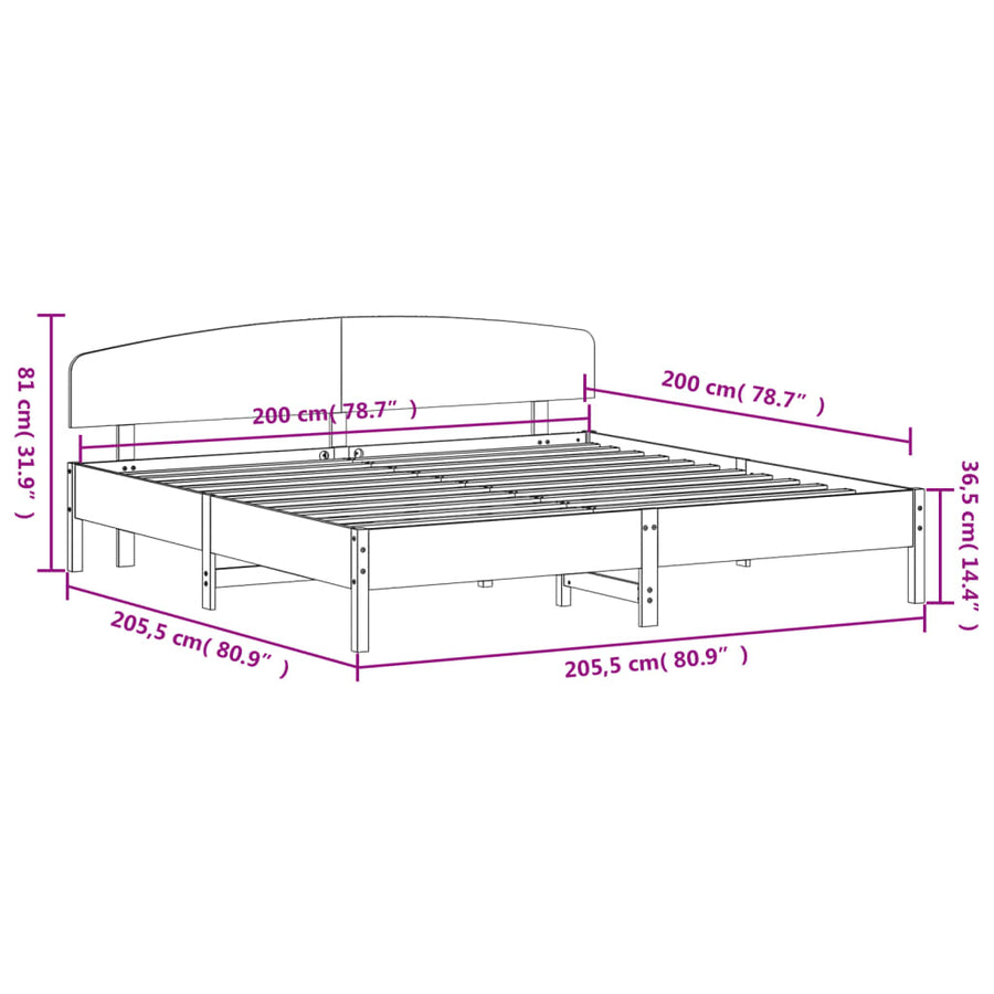 Bedframe met hoofdbord massief grenenhout wasbruin 200x200 cm