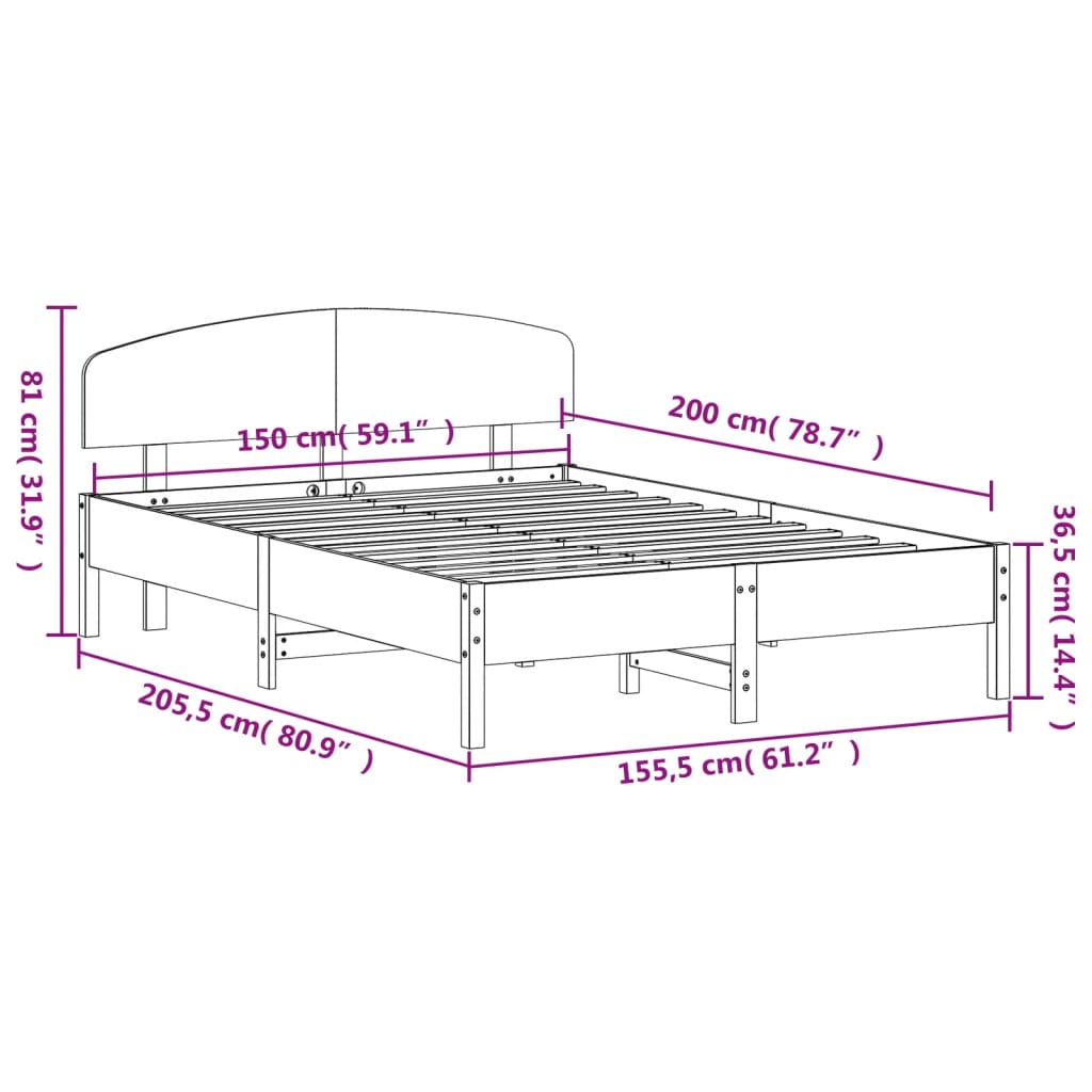Bedframe met hoofdbord massief grenenhout wasbruin 150x200 cm