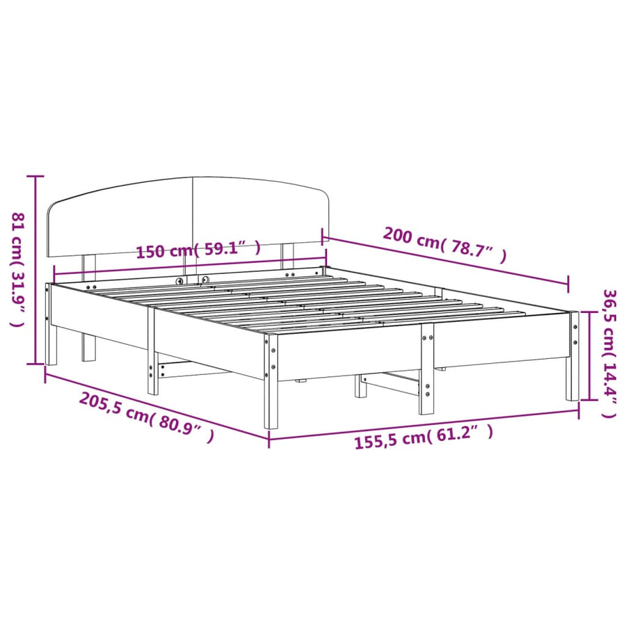 Bedframe met hoofdbord massief grenenhout wasbruin 150x200 cm