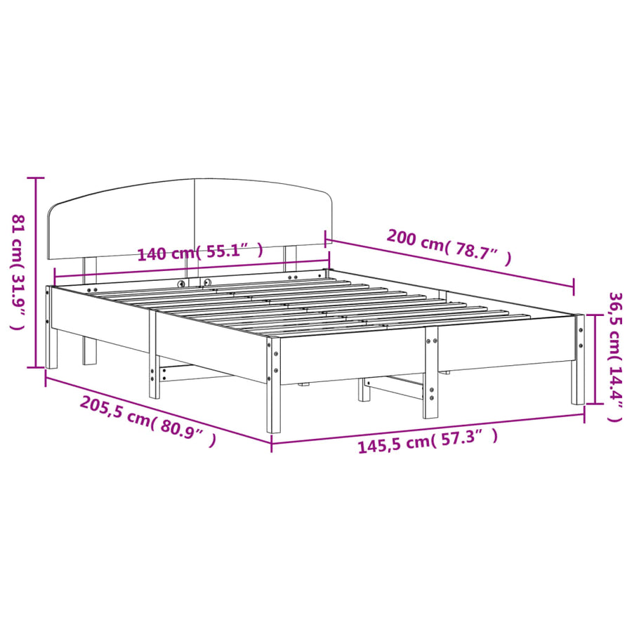 Bedframe met hoofdbord grenenhout wasbruin 140x200 cm