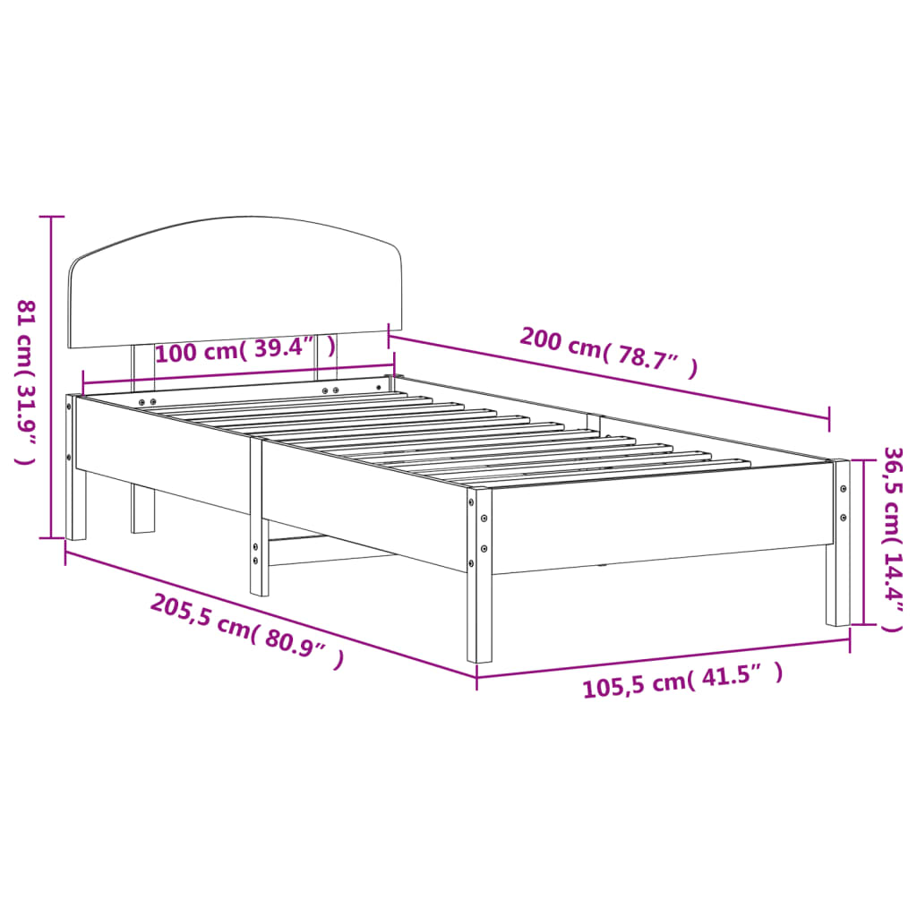 Bedframe met hoofdbord massief grenenhout wasbruin 100x200 cm