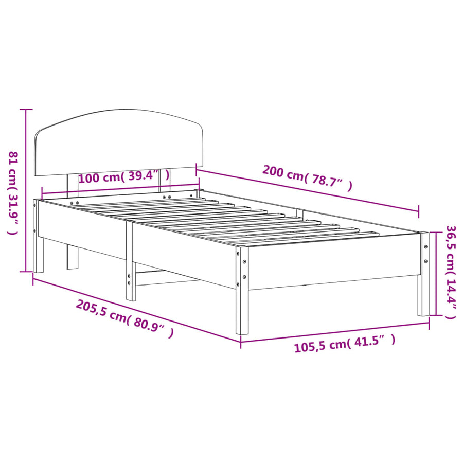 Bedframe met hoofdbord massief grenenhout wasbruin 100x200 cm