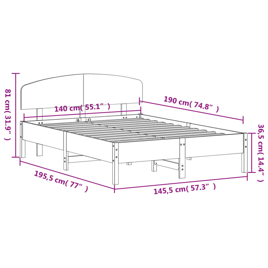 Bedframe met hoofdbord massief grenenhout wasbruin 140x190 cm