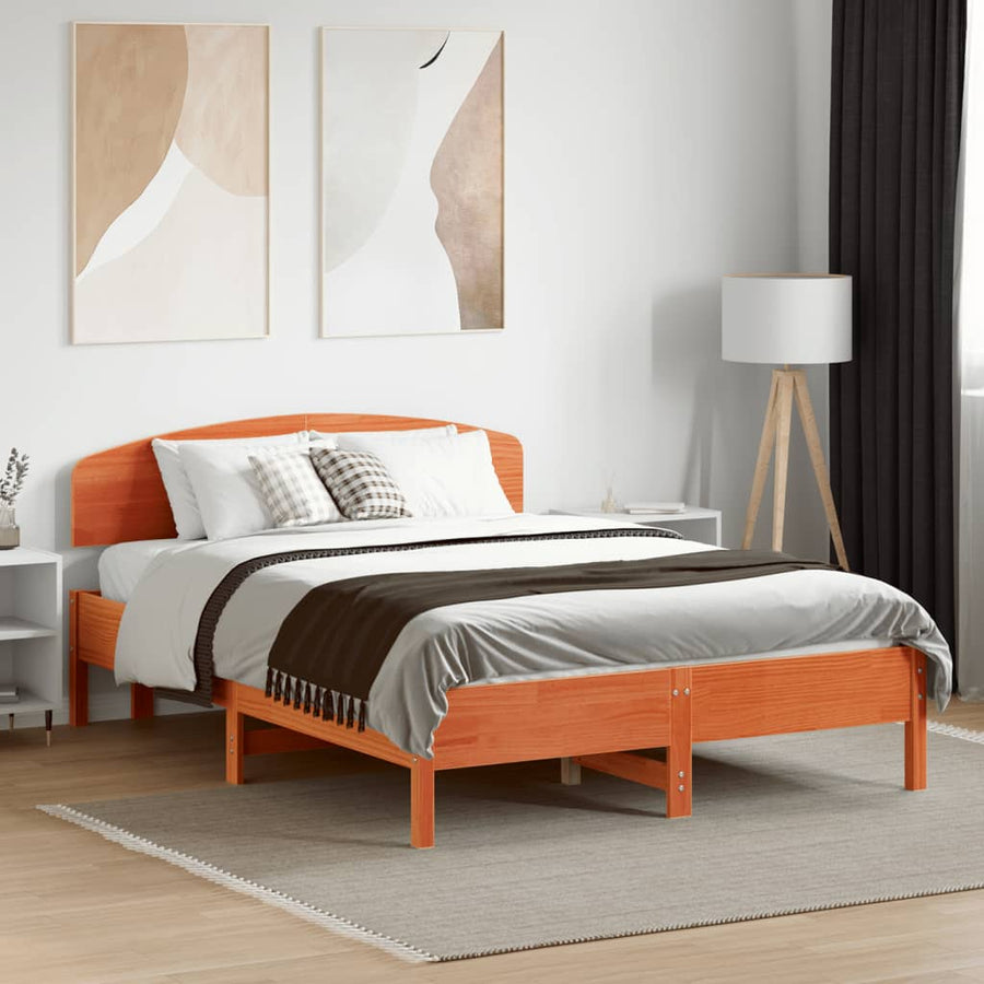 Bedframe met hoofdbord massief grenenhout wasbruin 135x190 cm