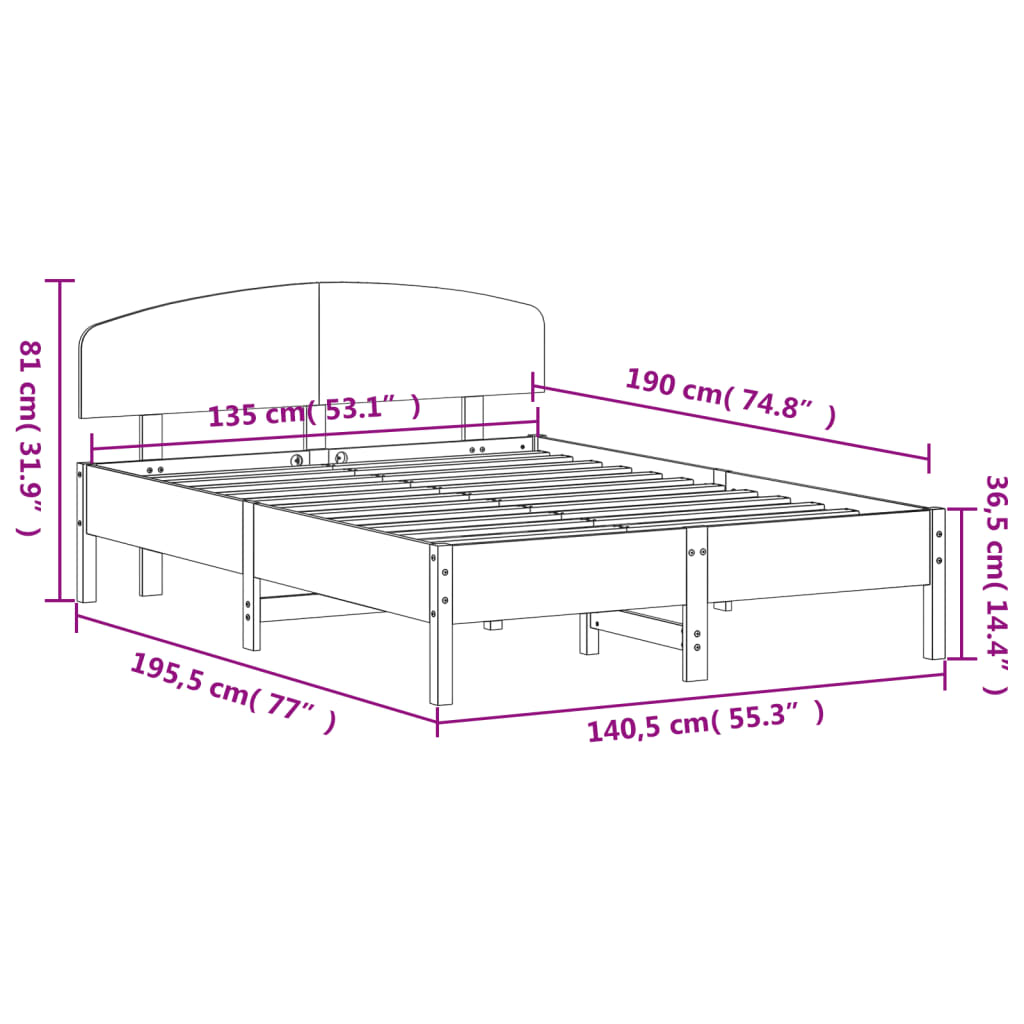 Bedframe met hoofdbord massief grenenhout wasbruin 135x190 cm