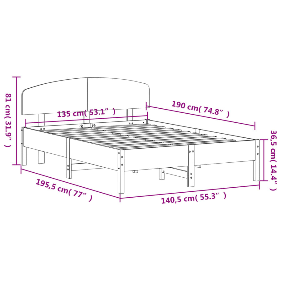 Bedframe met hoofdbord massief grenenhout wasbruin 135x190 cm
