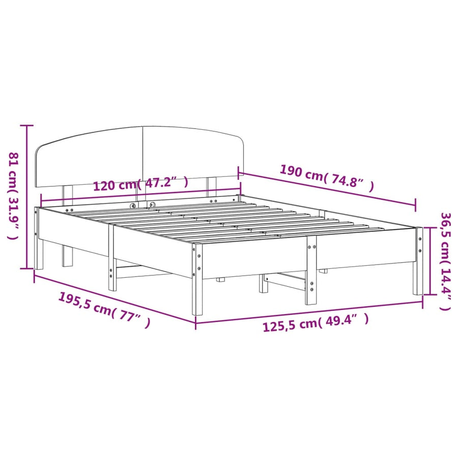 Bedframe met hoofdbord massief grenenhout wasbruin 120x190 cm