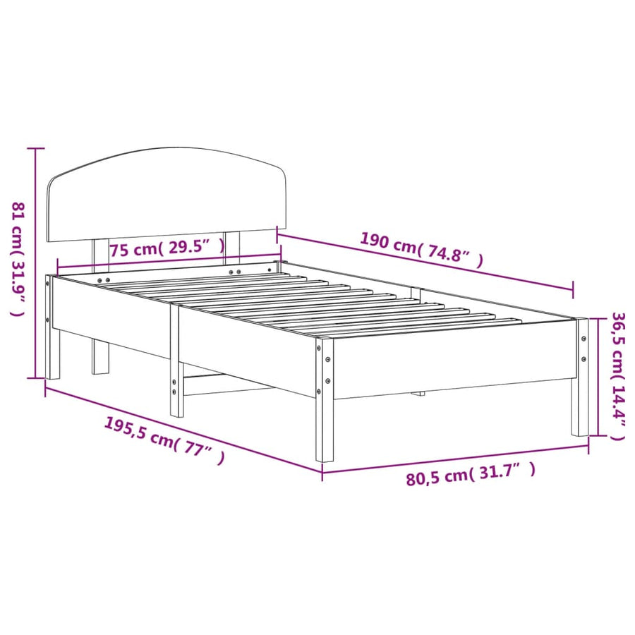 Bedframe met hoofdbord massief grenenhout 75x190 cm