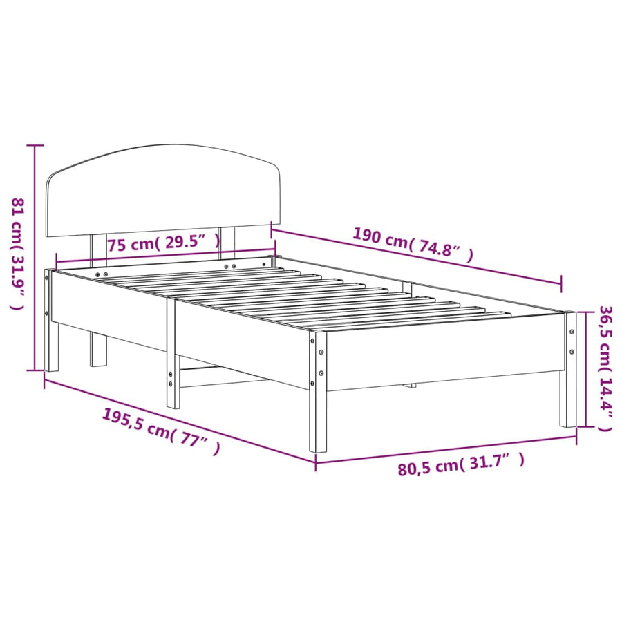 Bedframe met hoofdbord massief grenenhout wasbruin 75x190 cm