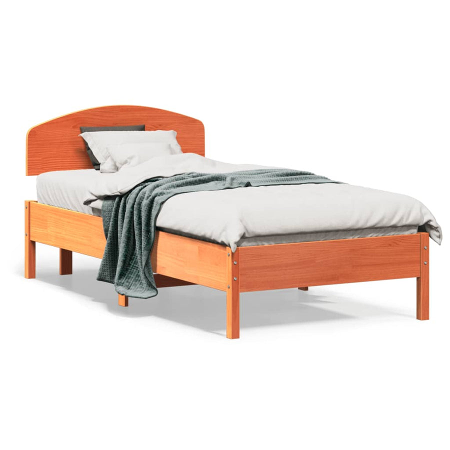 Bedframe met hoofdbord massief grenenhout wasbruin 75x190 cm