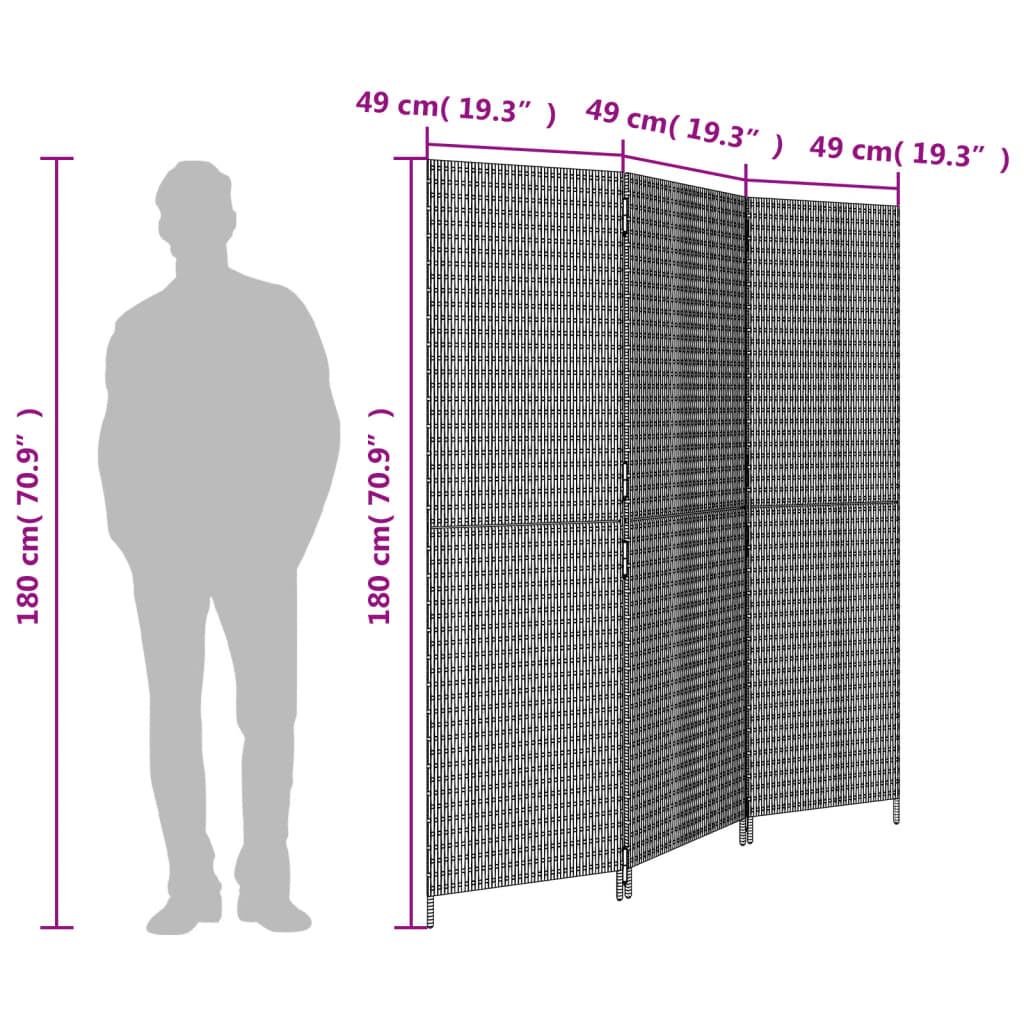Kamerscherm 3 Panelen Poly Rattan Zwart 1