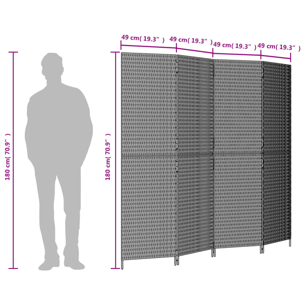 Kamerscherm 4 panelen poly rattan bruin 196 x 180 cm Dichtgeweven
