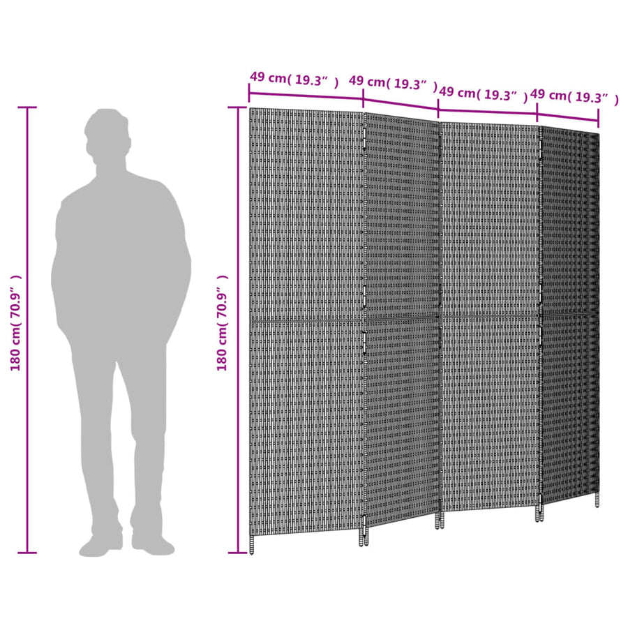 Kamerscherm 4 panelen poly rattan bruin 196 x 180 cm Dichtgeweven