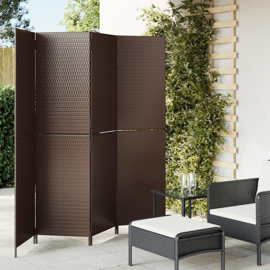 Kamerscherm 4 panelen poly rattan bruin 196 x 180 cm Dichtgeweven