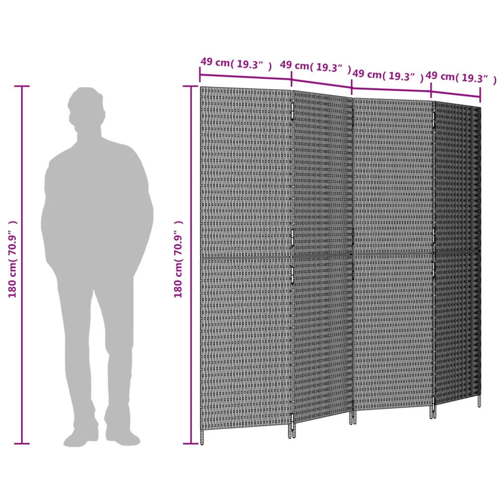 Kamerscherm 4 Panelen Poly Rattan Grijs 1