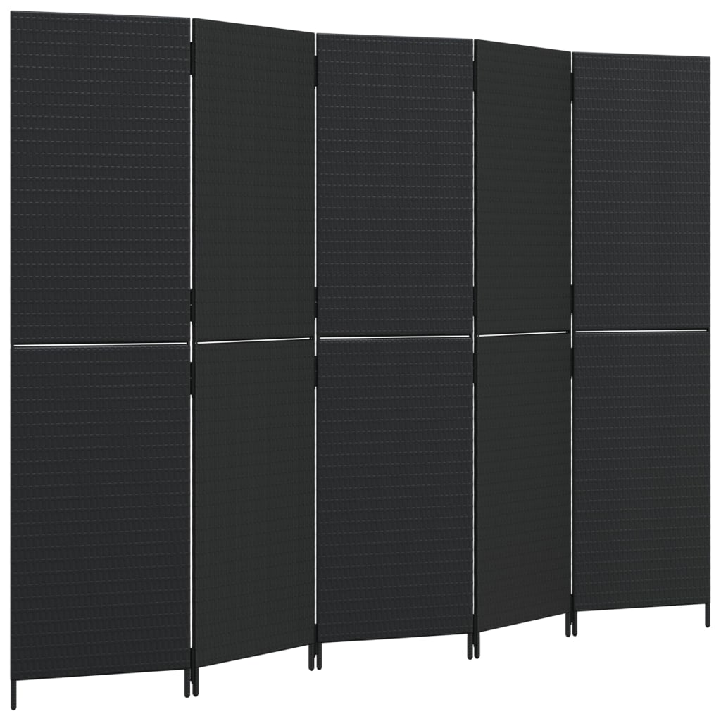 Kamerscherm 5 panelen poly rattan zwart 1 245 x 180 cm