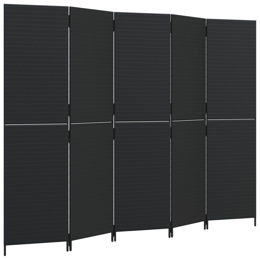 Kamerscherm 5 panelen poly rattan zwart 1 245 x 180 cm