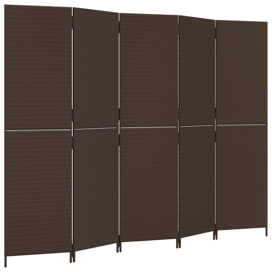 Kamerscherm 5 panelen poly rattan bruin 1 245 x 180 cm