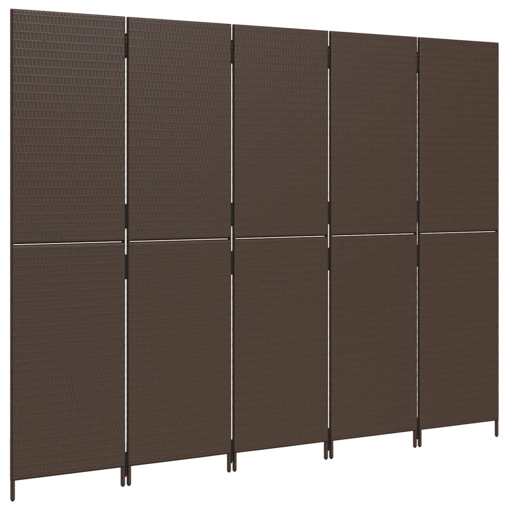 Kamerscherm 5 panelen poly rattan bruin 1 245 x 180 cm