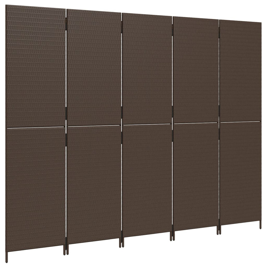 Kamerscherm 5 panelen poly rattan bruin 1 245 x 180 cm