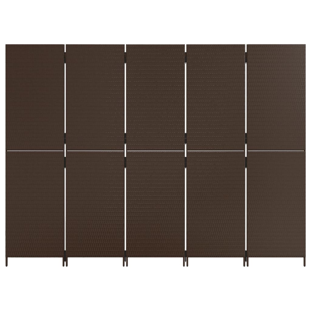 Kamerscherm 5 panelen poly rattan bruin 1 245 x 180 cm