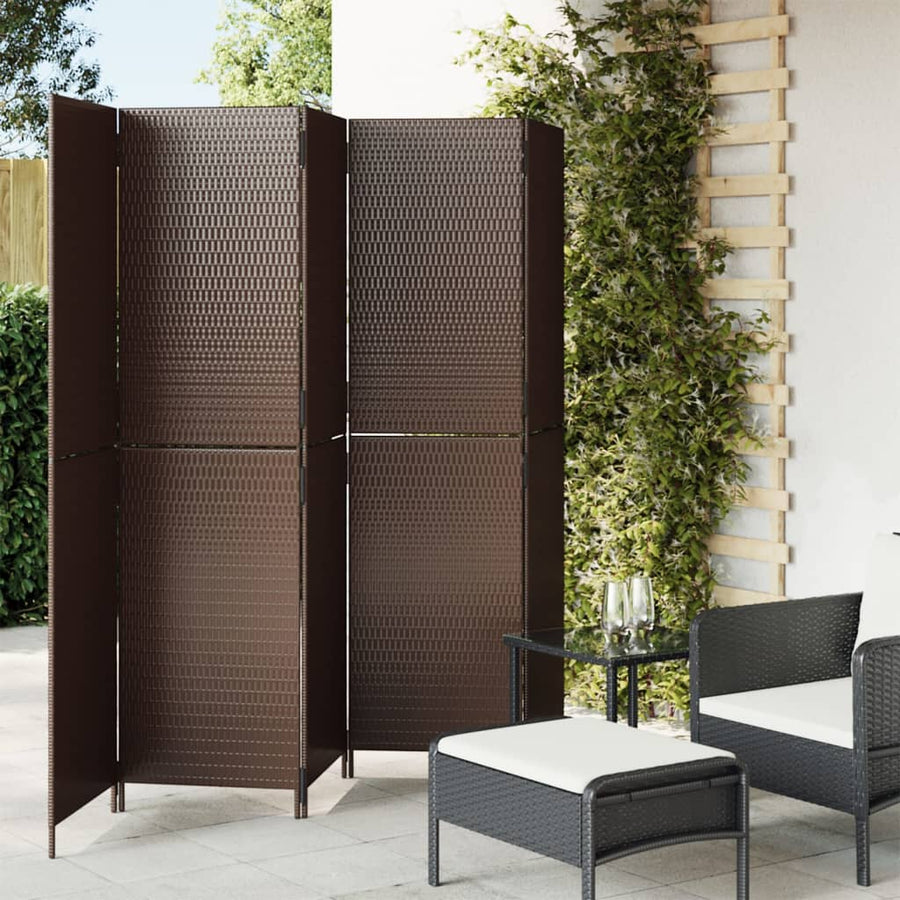 Kamerscherm 5 panelen poly rattan bruin 1 245 x 180 cm