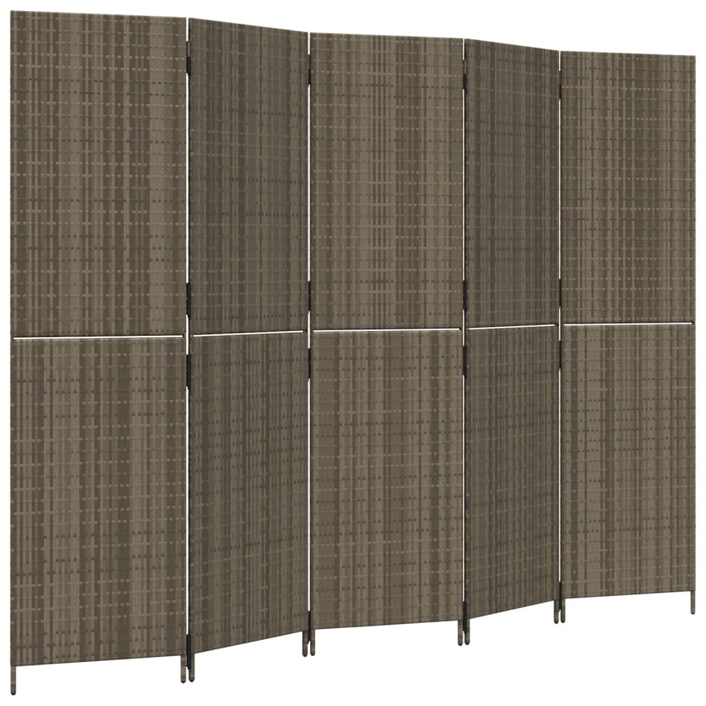 Kamerscherm 5 panelen poly rattan grijs 245 x 180 cm Dichtgeweven