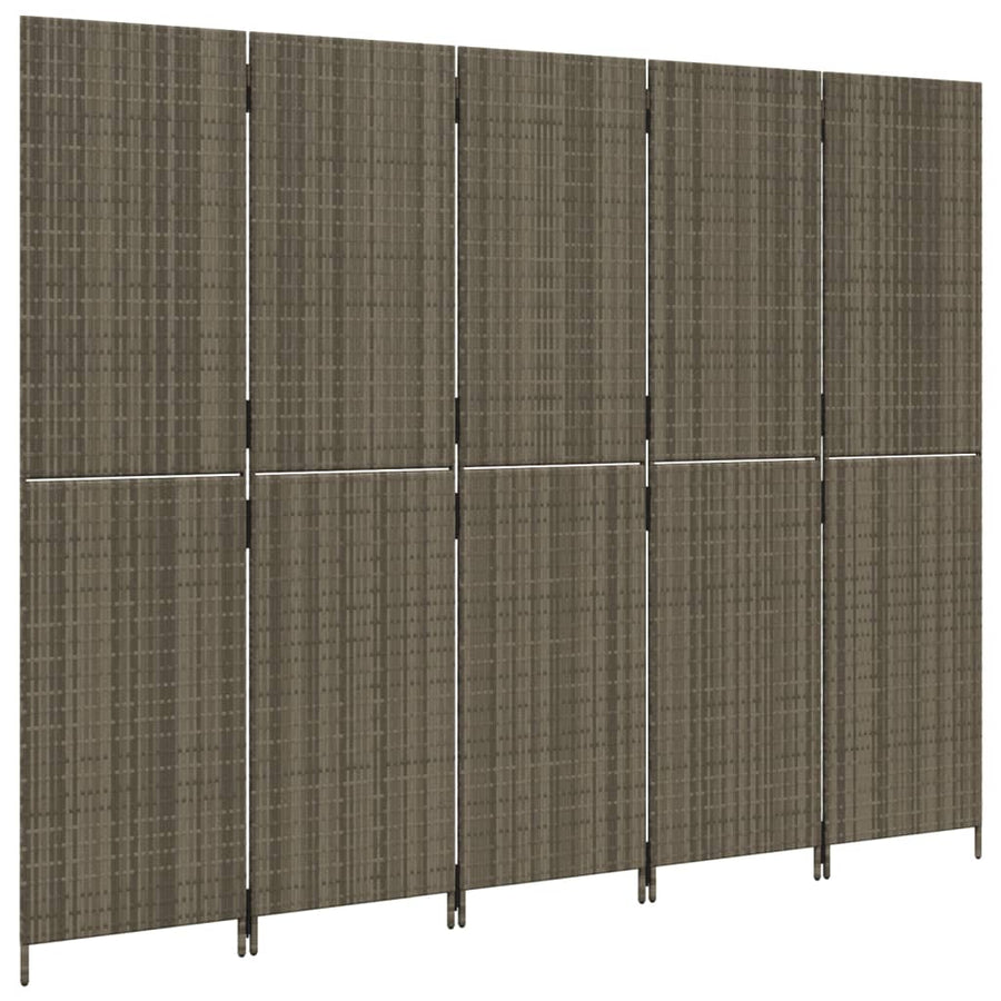 Kamerscherm 5 panelen poly rattan grijs 245 x 180 cm Dichtgeweven