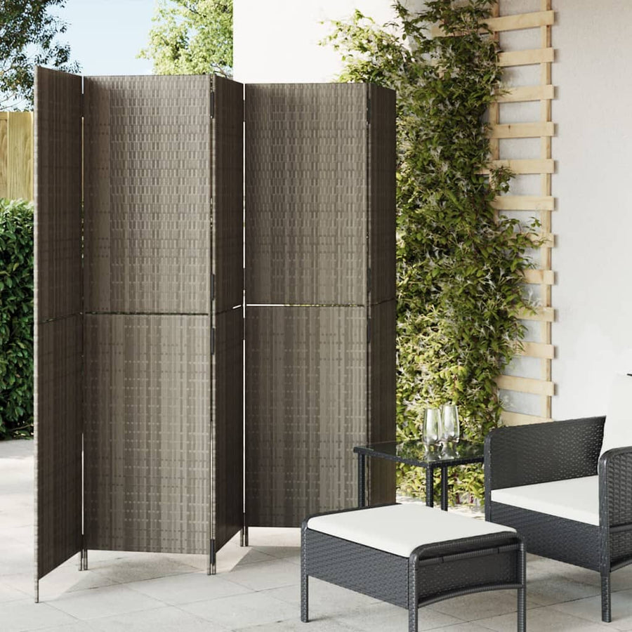 Kamerscherm 5 panelen poly rattan grijs 245 x 180 cm Dichtgeweven