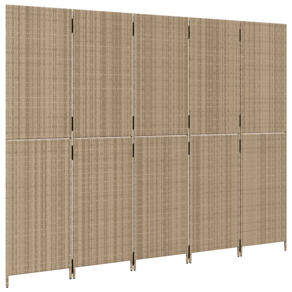 Kamerscherm 5 panelen poly rattan beige 245 x 180 cm Dichtgeweven