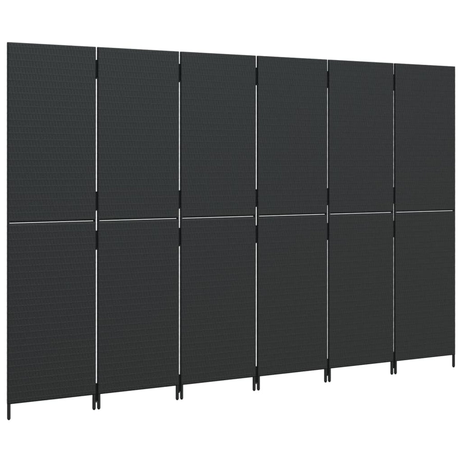 Kamerscherm 6 panelen poly rattan zwart 294 x 180 cm Dichtgeweven