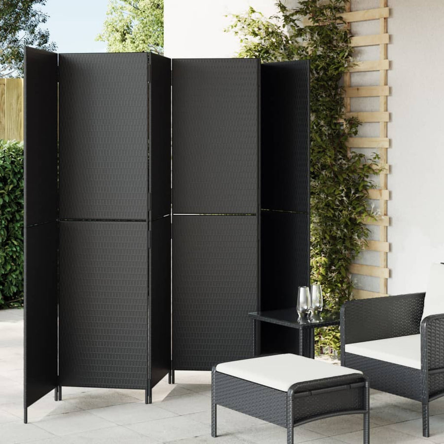 Kamerscherm 6 panelen poly rattan zwart 294 x 180 cm Dichtgeweven