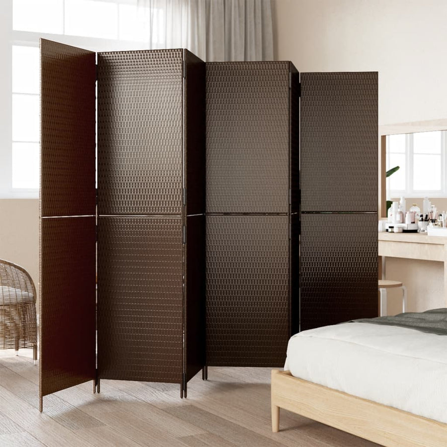 Kamerscherm 6 panelen poly rattan bruin 294 x 180 cm Dichtgeweven