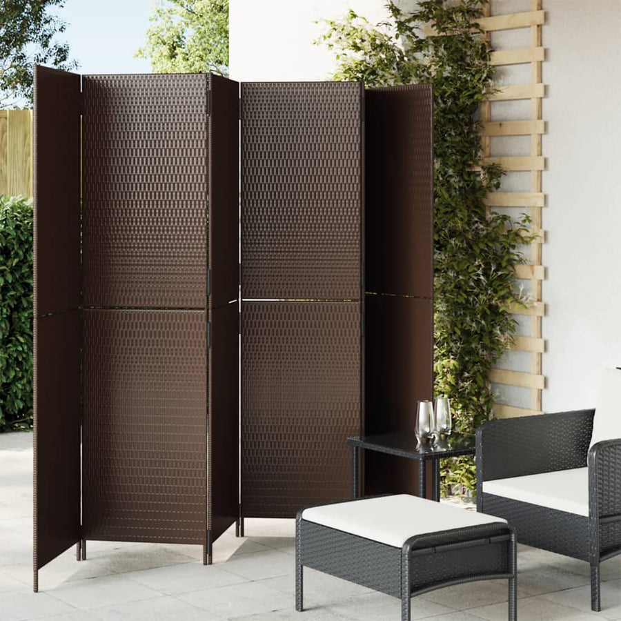 Kamerscherm 6 panelen poly rattan bruin 294 x 180 cm Dichtgeweven