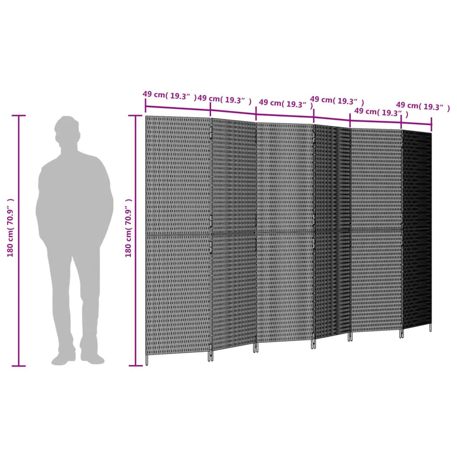 Kamerscherm 6 panelen poly rattan grijs 1 294 x 180 cm