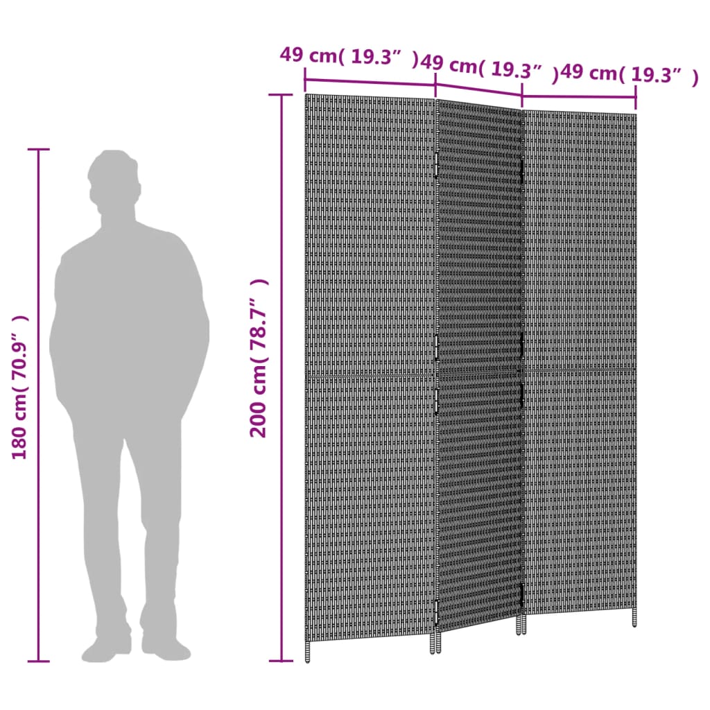 Kamerscherm 3 Panelen Poly Rattan Grijs 1