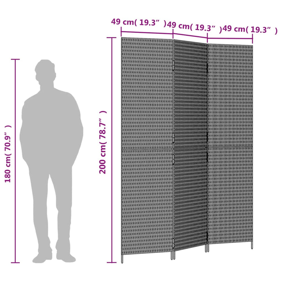 Kamerscherm 3 Panelen Poly Rattan Grijs 1