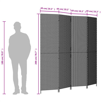 Kamerscherm 4 panelen poly rattan zwart