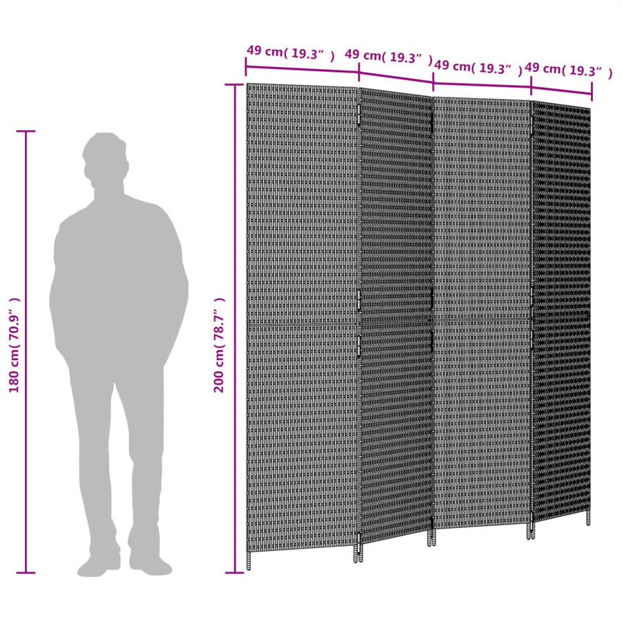 Kamerscherm 4 panelen poly rattan zwart